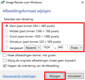 Fenster von Image Resizer mit Größenoptionen