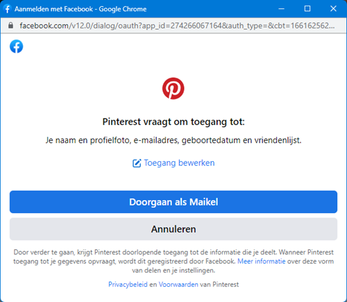 Anmeldung mit Facebook-Konto bei Pinterest