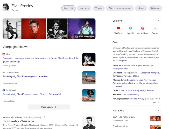 Google Ergebnisseite mit Wissenskarte zu Elvis Presley